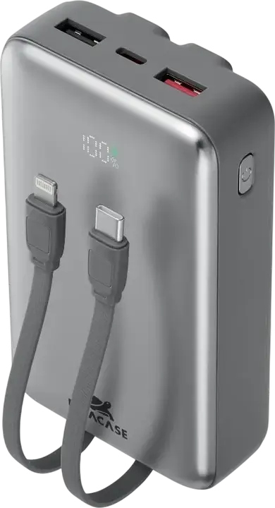 Power Bank Rivacase VA2612 20000mAh 30W PD Fast Charge, Baterie Li-Polymer cu Cabluri Integrate USB-C și Lightning, Afișaj LCD, Argintiu