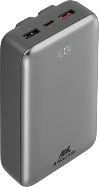 Power Bank Rivacase VA2612 20000mAh 30W PD Fast Charge, Baterie Li-Polymer cu Cabluri Integrate USB-C și Lightning, Afișaj LCD, Argintiu