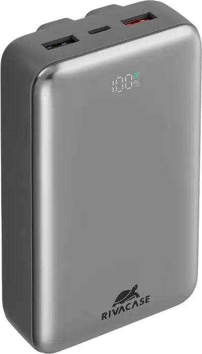 Power Bank Rivacase VA2612 20000mAh 30W PD Fast Charge, Baterie Li-Polymer cu Cabluri Integrate USB-C și Lightning, Afișaj LCD, Argintiu