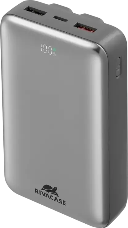 Power Bank Rivacase VA2612 20000mAh 30W PD Fast Charge, Baterie Li-Polymer cu Cabluri Integrate USB-C și Lightning, Afișaj LCD, Argintiu