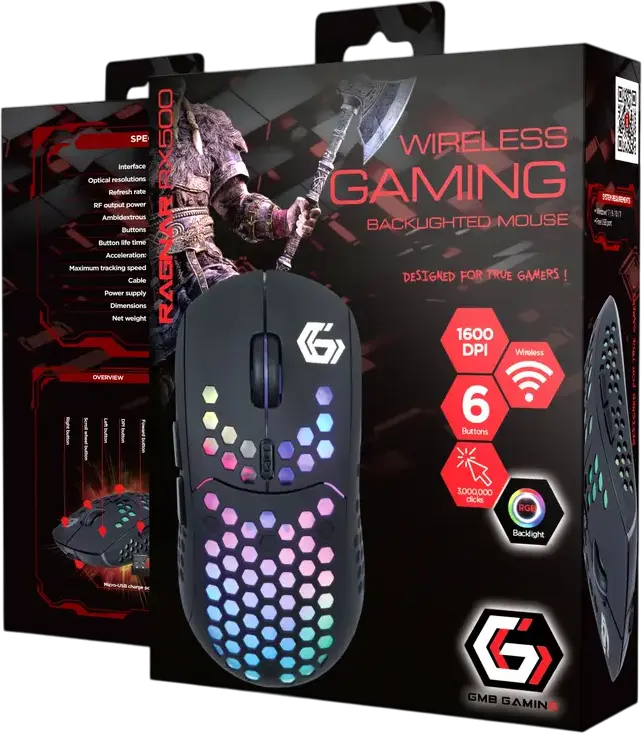 Gembird RAGNAR-WRX500 Wireless Gaming Mouse, 1600 DPI Optical Sensor, RGB LED Lighting, 6 Buttons, Rechargeable Li-ION Battery, Right-handed, Black