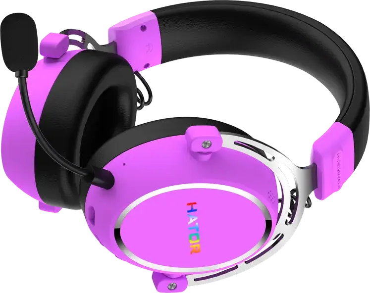 Casca Gaming HATOR Hypergang 3 Wireless, Cyber Violet, Hi-Res LDAC, ANC Hibrid, Bluetooth 5.4, 2.4GHz, Difuzoare 40mm, Audio Spatial THX, Microfon Detasabil, Baterie 40h