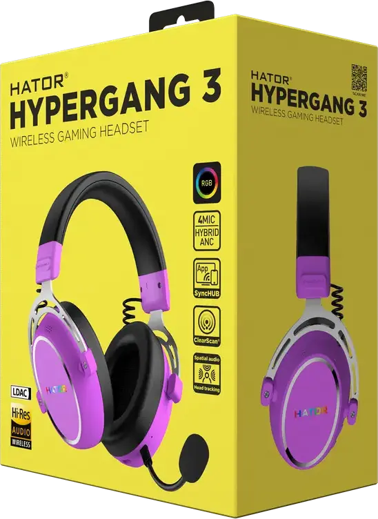 Casca Gaming HATOR Hypergang 3 Wireless, Cyber Violet, Hi-Res LDAC, ANC Hibrid, Bluetooth 5.4, 2.4GHz, Difuzoare 40mm, Audio Spatial THX, Microfon Detasabil, Baterie 40h