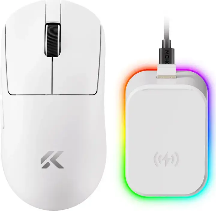 Mouse Gaming Wireless MCHOSE A7 V2 Pro Plus, Senzor PixArt PAW3395 26000 DPI, Rata Polling 8000Hz, Conectivitate Tri-mode, Switchuri Omron, Alb