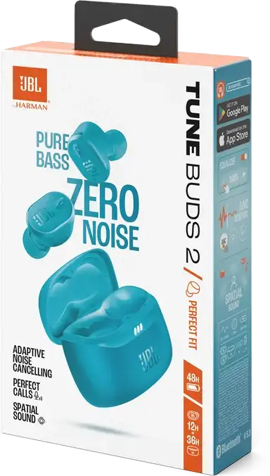 JBL Tune Buds 2 True Wireless Earbuds, Turquoise, Adaptive Noise Cancelling, Pure Bass & Spatial Sound, 48h Total Battery, Bluetooth 5.3, IP54, 10mm Drivers