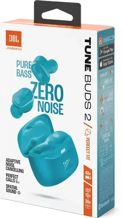 JBL Tune Buds 2 True Wireless Earbuds, Turquoise, Adaptive Noise Cancelling, Pure Bass & Spatial Sound, 48h Total Battery, Bluetooth 5.3, IP54, 10mm Drivers