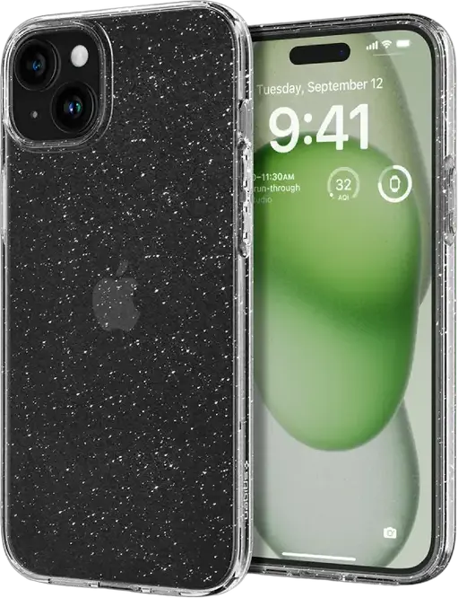 Spigen Liquid Crystal Glitter Case for iPhone 15 Plus, Shock-Resistant Transparent TPU Protective Cover with Raised Camera Bezel