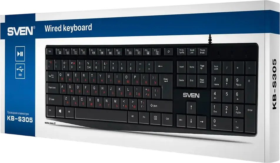 SVEN KB-S305 Wired USB Membrane Keyboard, 105 Keys with 12 Multimedia Fn Keys, Low-profile, Moisture-resistant, Silent Operation, Black