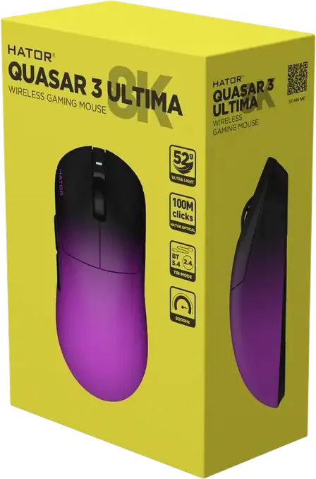 HATOR Quasar 3 Ultima 8K Wireless Gaming Mouse, Black/Violet, PixArt PAW 3950 30,000 DPI, 8000Hz Polling Rate, Optical Switches, 52g Lightweight, Tri-Mode Connection