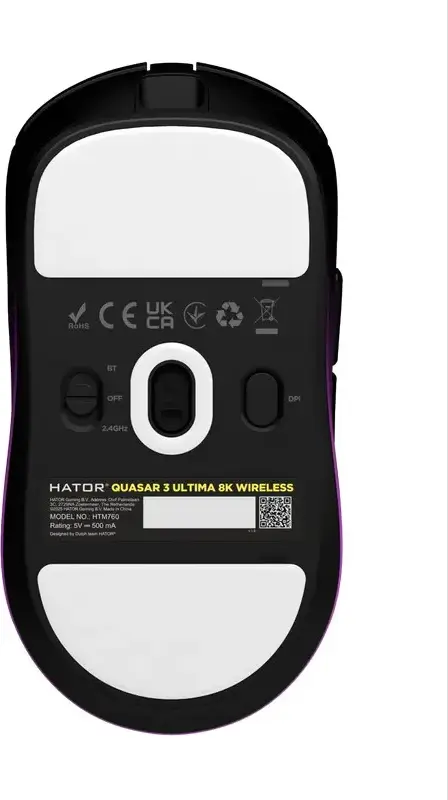 HATOR Quasar 3 Ultima 8K Wireless Gaming Mouse, Black/Violet, PixArt PAW 3950 30,000 DPI, 8000Hz Polling Rate, Optical Switches, 52g Lightweight, Tri-Mode Connection