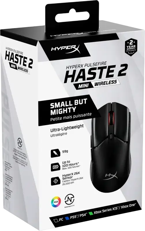 HyperX Pulsefire Haste 2 Mini Wireless Gaming Mouse, 26K Sensor, 26,000 DPI, 6 Programmable Buttons, RGB, 2.4GHz/Bluetooth/Wired, 59g, Black