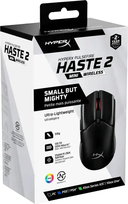 HyperX Pulsefire Haste 2 Mini Wireless Gaming Mouse, 26K Sensor, 26,000 DPI, 6 Programmable Buttons, RGB, 2.4GHz/Bluetooth/Wired, 59g, Black