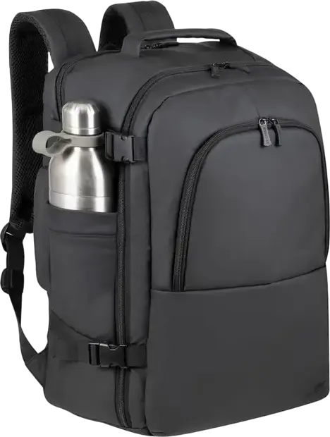 Rivacase Tegel 8465 Travel Laptop Backpack for up to 17.3" Laptops, Water-Resistant Recycled rPET Polyester, Luggage Strap, Black