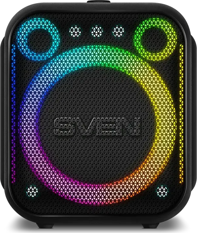 SVEN PS-880 Box Portabil Bluetooth, 110W RMS, Baterie 4500mAh, TWS, Matrice Luminoase RGB, Radio FM, Karaoke cu 2 Intrevari Microfon, USB-C PD, Negru