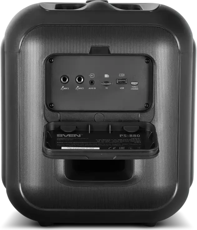 SVEN PS-880 Box Portabil Bluetooth, 110W RMS, Baterie 4500mAh, TWS, Matrice Luminoase RGB, Radio FM, Karaoke cu 2 Intrevari Microfon, USB-C PD, Negru