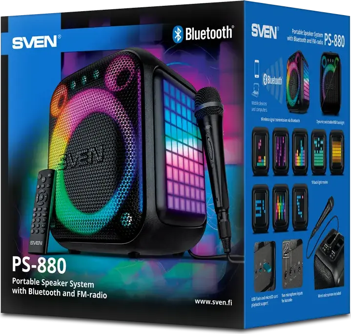 SVEN PS-880 Box Portabil Bluetooth, 110W RMS, Baterie 4500mAh, TWS, Matrice Luminoase RGB, Radio FM, Karaoke cu 2 Intrevari Microfon, USB-C PD, Negru