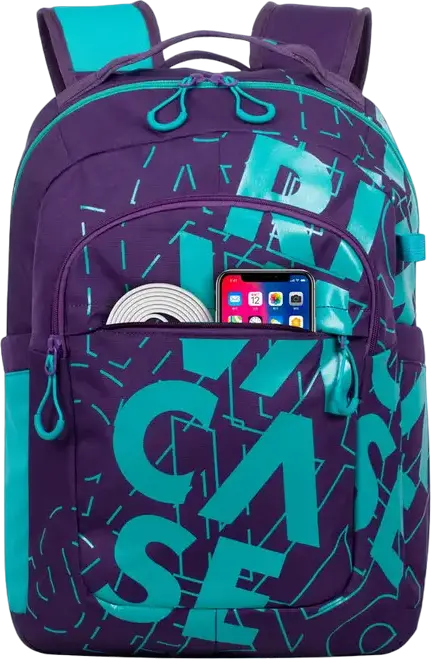 RivaCase Heide 5430 Daily Laptop Backpack for 15.6 inch Laptops, 30L Capacity, Water Resistant Polyester, 2 Compartments, Unisex, Violet/Aquamarine