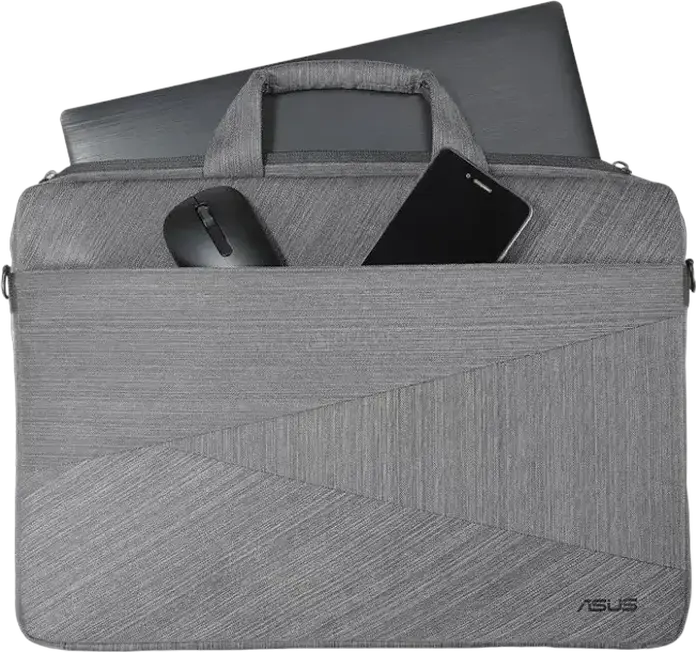 ASUS Artemis Carry Bag for 15-inch Notebooks, Water-Resistant Two-Tone Polyester, Grey, Slim Lightweight Design with Trolley Sleeve and Padded Strap