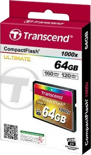 Transcend CompactFlash 1000 64GB CF Type I Memory Card TS64GCF1000, UDMA 7, 160MB/s Read, 120MB/s Write, VPG-65 Video Performance Guarantee