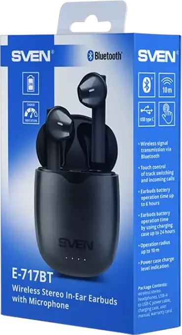 Casca Wireless TWS SVEN E-717BT In-Ear, Bluetooth, Driver 13mm, Control Tactil, Încărcare USB Type-C, Autonomie Totală 24h, Negru