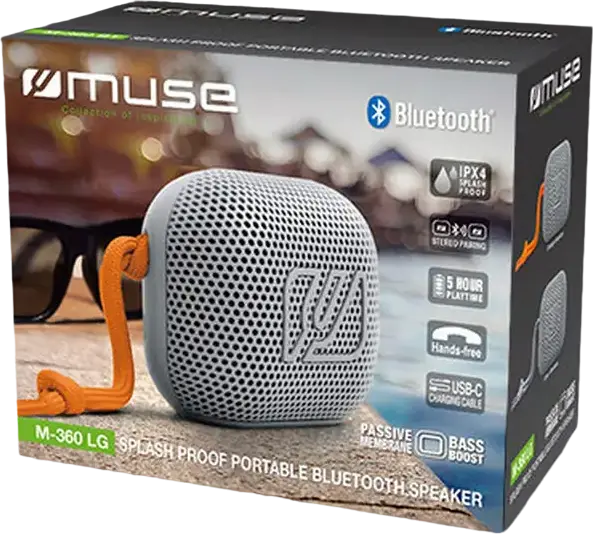 Difuzor Portabil Bluetooth Muse M-360 LG, Putere 5W RMS, Rezistent la Apă IPX4, Stereo Pairing, Funcție Hands-free, USB-C, Baterie 800mAh, Gri