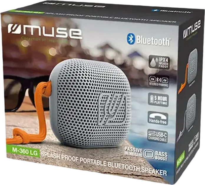 Difuzor Portabil Bluetooth Muse M-360 LG, Putere 5W RMS, Rezistent la Apă IPX4, Stereo Pairing, Funcție Hands-free, USB-C, Baterie 800mAh, Gri