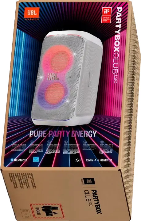 Портативная Bluetooth-колонка JBL PartyBox Club 120, 160 Вт RMS, защита IPX4, аккумулятор на 12 ч, динамическое световое шоу, входы для микрофона, Цвет: Белый
