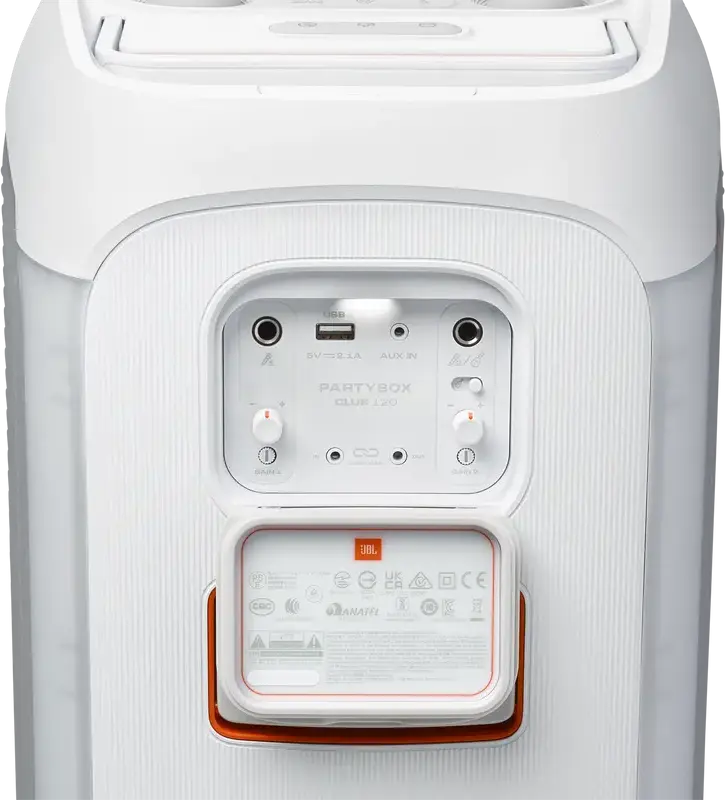 Портативная Bluetooth-колонка JBL PartyBox Club 120, 160 Вт RMS, защита IPX4, аккумулятор на 12 ч, динамическое световое шоу, входы для микрофона, Цвет: Белый