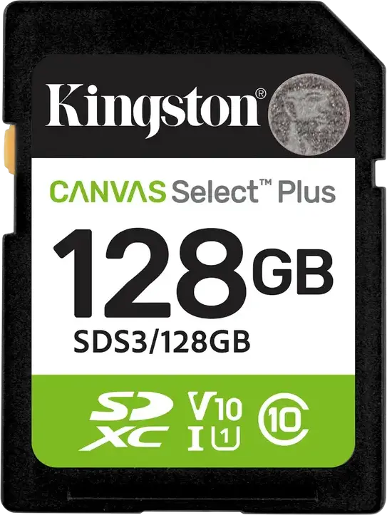 Card Memorie Kingston Canvas Select Plus SD 128 GB SDS3 UHS-I Clasa 10 U3 V30, Rezistent la Apă și Raze X, pentru Video Full HD 1080p și Fotografii