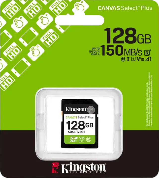 Card Memorie Kingston Canvas Select Plus SD 128 GB SDS3 UHS-I Clasa 10 U3 V30, Rezistent la Apă și Raze X, pentru Video Full HD 1080p și Fotografii