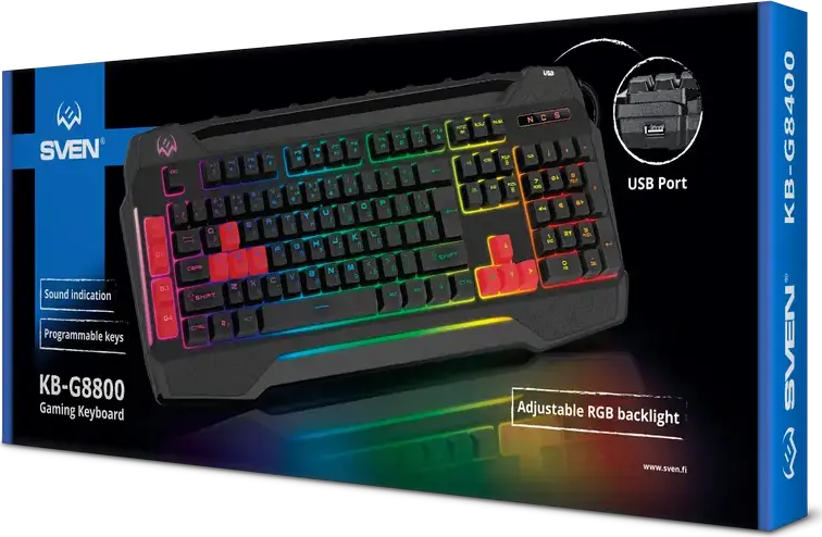 SVEN KB-G8800 Wired Gaming Keyboard, RGB Sound-Reactive Backlight, Membrane, 26-Key Anti-ghosting, Smartphone Cradle, Side USB Port, Black