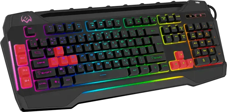SVEN KB-G8800 Wired Gaming Keyboard, RGB Sound-Reactive Backlight, Membrane, 26-Key Anti-ghosting, Smartphone Cradle, Side USB Port, Black