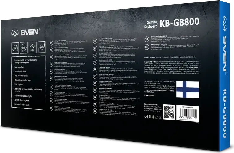SVEN KB-G8800 Wired Gaming Keyboard, RGB Sound-Reactive Backlight, Membrane, 26-Key Anti-ghosting, Smartphone Cradle, Side USB Port, Black