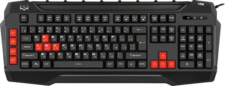 SVEN KB-G8800 Wired Gaming Keyboard, RGB Sound-Reactive Backlight, Membrane, 26-Key Anti-ghosting, Smartphone Cradle, Side USB Port, Black