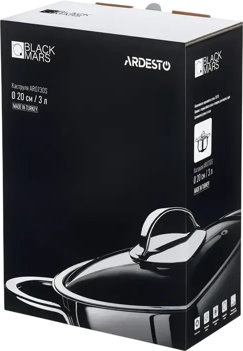 Ardesto AR0730S Black Mars Stainless Steel Pot 3L, 20cm Diameter, 18/10 Steel, Glass Lid with Steam Vent, Induction Compatible, Dishwasher Safe