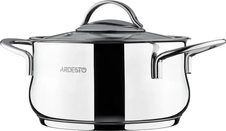 Ardesto AR0730S Black Mars Stainless Steel Pot 3L, 20cm Diameter, 18/10 Steel, Glass Lid with Steam Vent, Induction Compatible, Dishwasher Safe