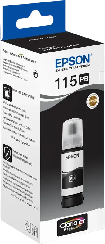 Epson 115 Claria ET Premium Photo Black Dye-based Ink Bottle 70ml for EcoTank L8160 L8180 Printers, C13T07C14A, 2300 Page Yield