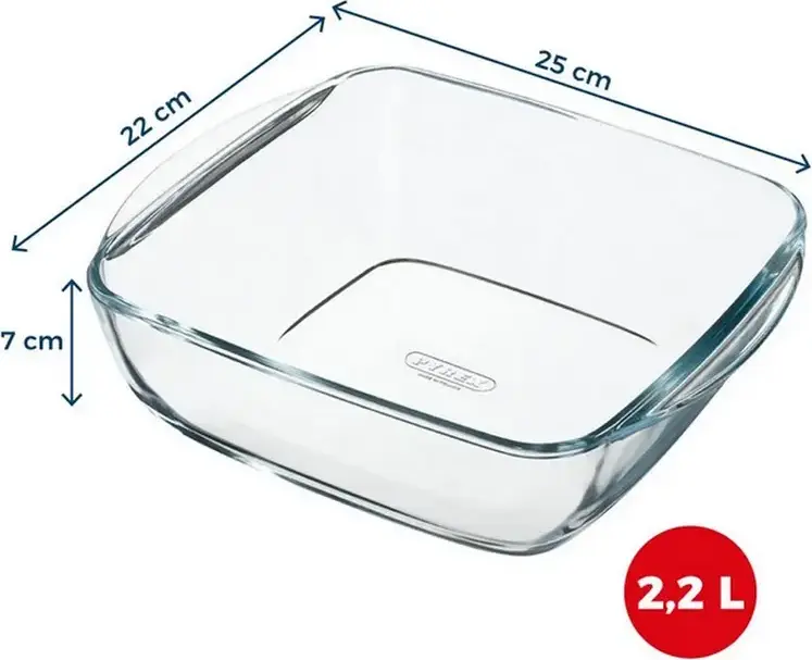 Pyrex 212B100 Square Borosilicate Glass Baking Dish for Airfryers, Oven and Microwave, 2.2L Capacity, Transparent Roaster with Easy Grip Handles