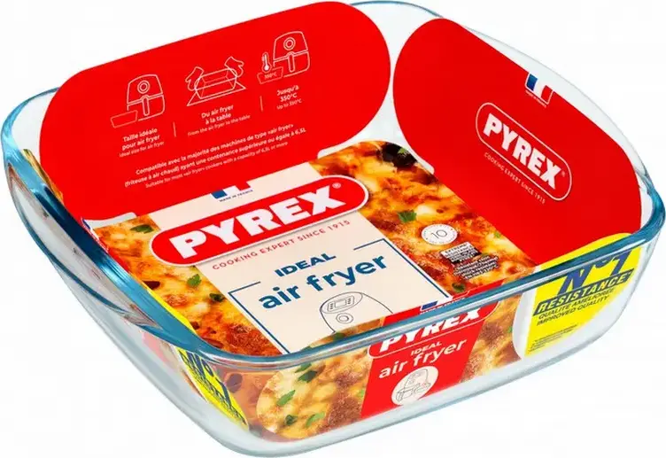 Pyrex 212B100 Square Borosilicate Glass Baking Dish for Airfryers, Oven and Microwave, 2.2L Capacity, Transparent Roaster with Easy Grip Handles