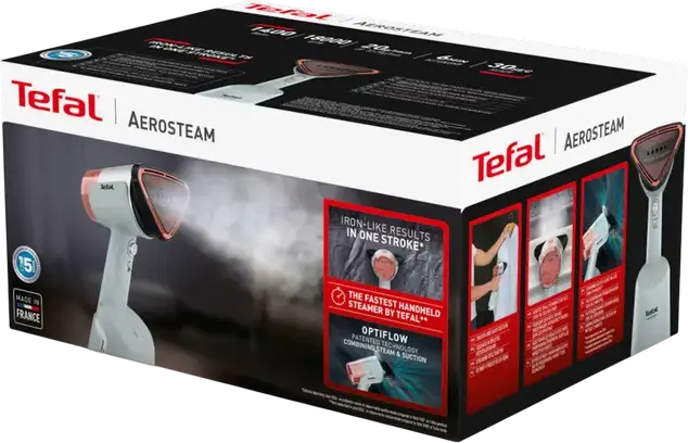 Tefal Aerosteam DT9814F0 Steamere de Calcat Vertical, 1400W, Flux Steam 20g/min, Presiune 5 Bar, Rezervor 100ml, Tehnologie Optiflow, cu Stație de Încărcare