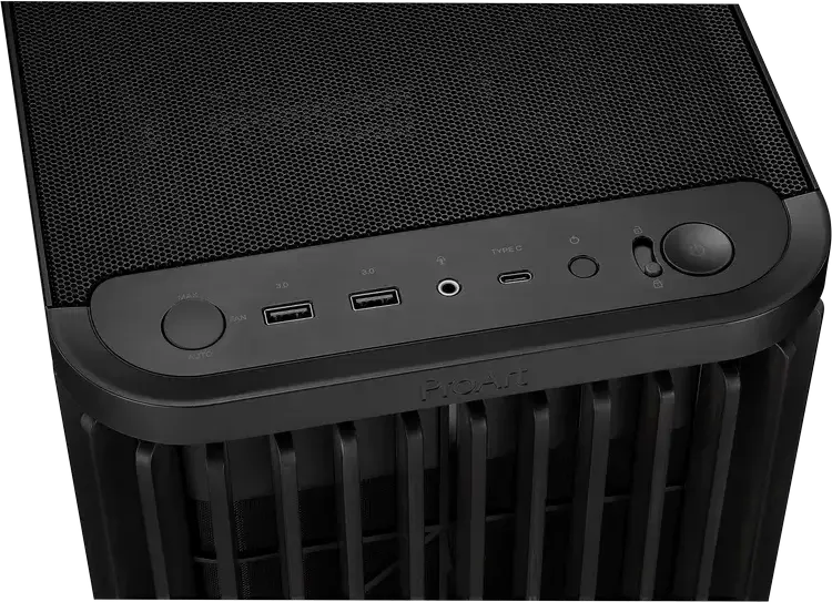 Carcasa Midi-Tower ASUS ProArt PA401 Wood Edition, Panou frontal lemn de Frasin FSC, Sticla Temperata, ATX/mATX/ITX, 3 Ventilatoare, USB-C 20Gbps, Negru
