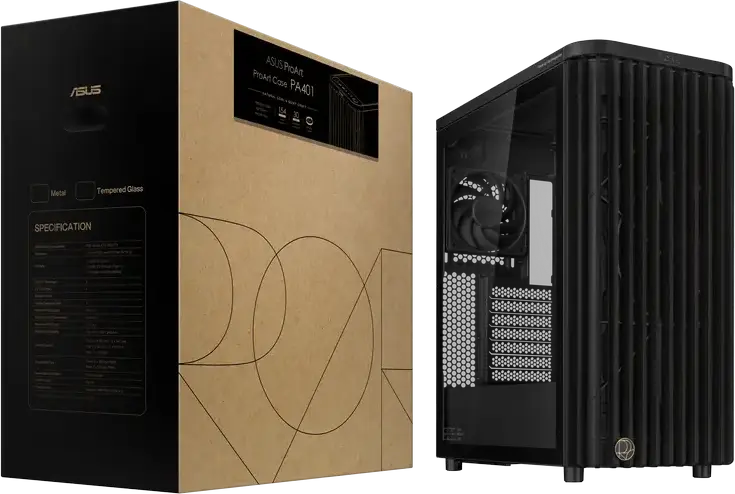 Carcasa Midi-Tower ASUS ProArt PA401 Wood Edition, Panou frontal lemn de Frasin FSC, Sticla Temperata, ATX/mATX/ITX, 3 Ventilatoare, USB-C 20Gbps, Negru