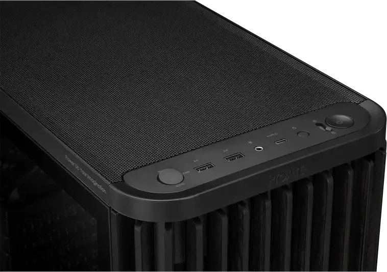 Carcasa Midi-Tower ASUS ProArt PA401 Wood Edition, Panou frontal lemn de Frasin FSC, Sticla Temperata, ATX/mATX/ITX, 3 Ventilatoare, USB-C 20Gbps, Negru