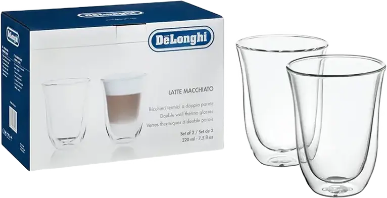 Pahare pentru Latte Macchiato DeLonghi DLSC312 cu perete dublu, 220ml, sticla borosilicate suflata manual, set de 2 bucati, transparente, rezistente la lavabila