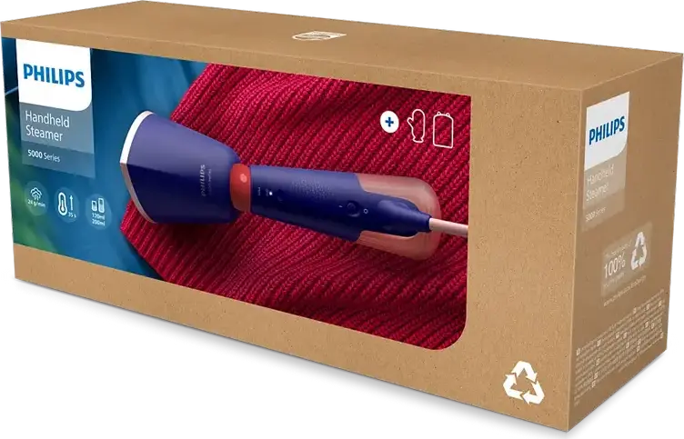 Philips STH5030/20 5000 Series Handheld Garment Steamer, 1300W, 24g/min Steam, 200ml Detachable Water Tank, 2 Modes, Blue, Set of 3 with Glove and Pouch
