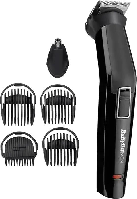 Мультитриммер 6-в-1 BaByliss MT725E, самозатачивающиеся лезвия из нержавеющей стали, длина стрижки 0.4-7 мм, моющиеся насадки, LED-индикатор, Цвет: черный