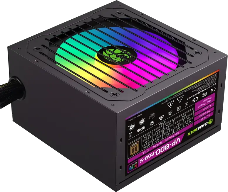 Блок питания Gamemax VP-800-RGB-S 800W, 80+ Bronze, ATX, ARGB LED подсветка, Active PFC, гидравлический вентилятор 120мм, немодульный