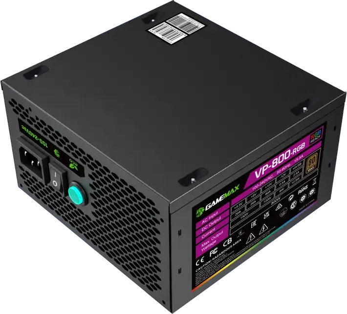 Блок питания Gamemax VP-800-RGB-S 800W, 80+ Bronze, ATX, ARGB LED подсветка, Active PFC, гидравлический вентилятор 120мм, немодульный