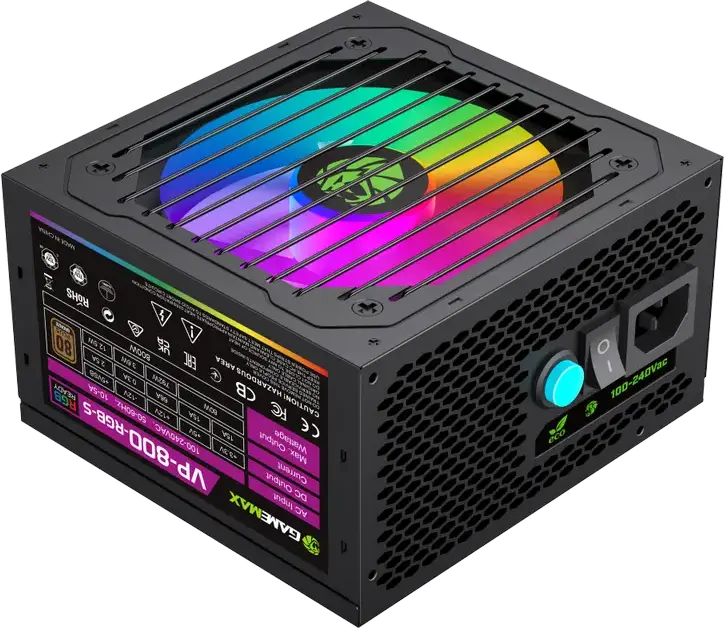 Блок питания Gamemax VP-800-RGB-S 800W, 80+ Bronze, ATX, ARGB LED подсветка, Active PFC, гидравлический вентилятор 120мм, немодульный