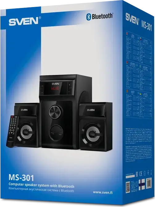 SVEN MS-301 2.1 Multimedia Speaker System, 46W Total Power, Bluetooth, USB, SD Card, MDF Casing, TFT LED Display, Remote Control, Black